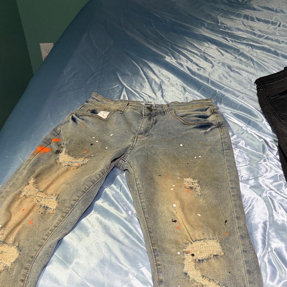 Men's Skinny Distressed Paint-Splatter Jeans - Blue